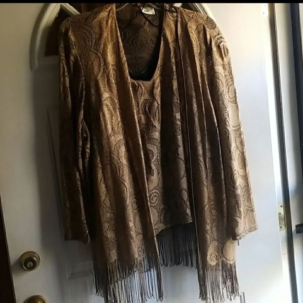Elegant Shimmery Gold Formal Top - Shell With Jacket and Fringe Sz 22W